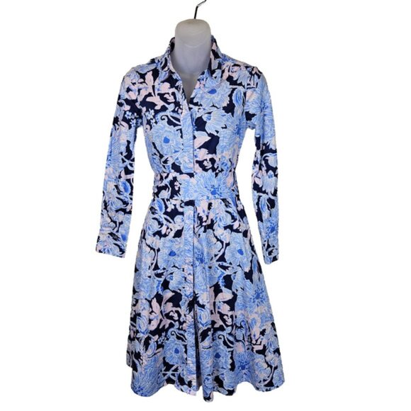 Lilly Pulitzer Mira Stretch Midi Shirt Dress Bright Navy Amore Please XXS 00 - Picture 1 of 16